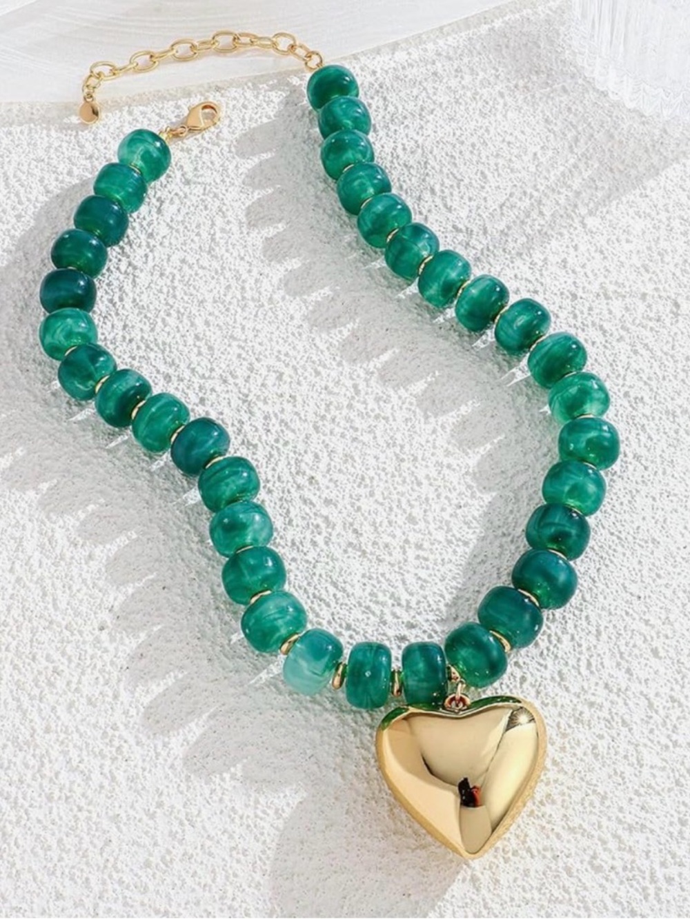 Gold Heart Charm Beaded Necklace - Green Beads